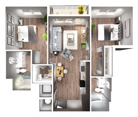 Floor plan for 2 beds, 2 baths, 917 sqft